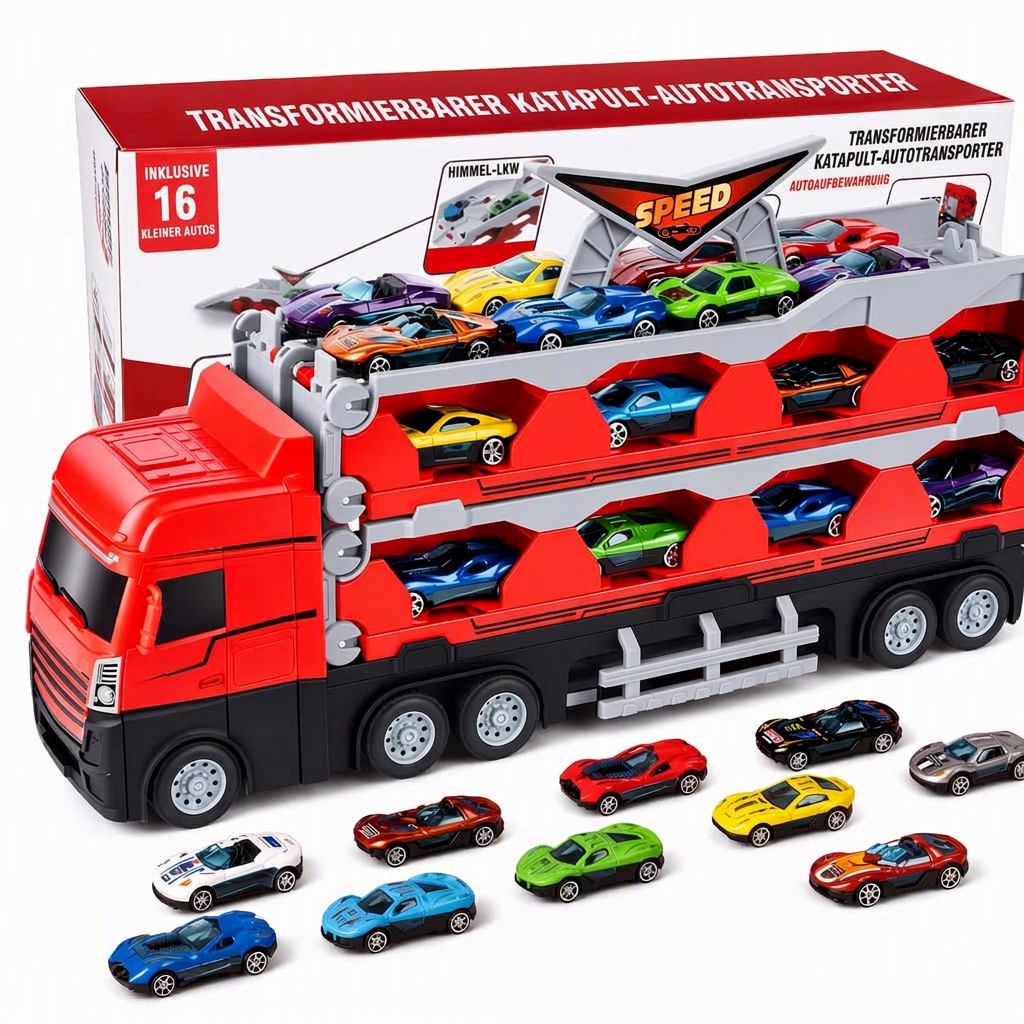 ⏳Begrenzte Zeit 50% Rabatt💥Spielzeug-Transformations-Lagerlastwagen für Kinder mit Soundeffekten und 207 cm langer, klappbarer Katapult-Rennstrecke sowie Mini-Legierungs-Baufahrzeugen