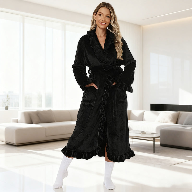 Damen Fleece Morgenmantel – Warmer Winter Bademantel mit Langarm, Französischer Vintage-Stil, Flauschiger Hausmantel für Zuhause