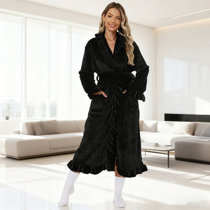 Damen Fleece Morgenmantel – Warmer Winter Bademantel mit Langarm, Französischer Vintage-Stil, Flauschiger Hausmantel für Zuhause