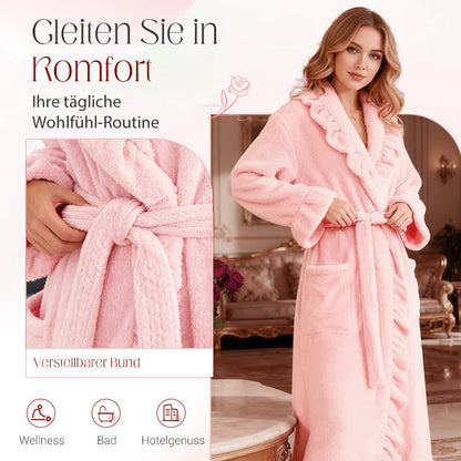 Damen Fleece Morgenmantel – Warmer Winter Bademantel mit Langarm, Französischer Vintage-Stil, Flauschiger Hausmantel für Zuhause