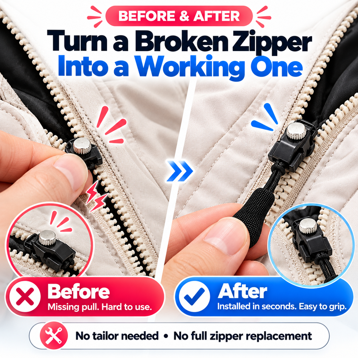 🧷 Reparaturset für Clip-On-Reißverschlussanhänger