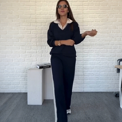 Damen-Set: Langarm-Oberteil mit Hemdkragen und Hose🔥Kaufen Sie 2 und erhalten Sie kostenlosen Versand