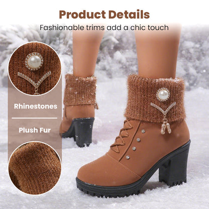 Warm gefütterte Damenstiefeletten mit Blockabsatz