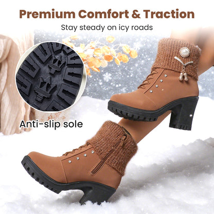 Warm gefütterte Damenstiefeletten mit Blockabsatz