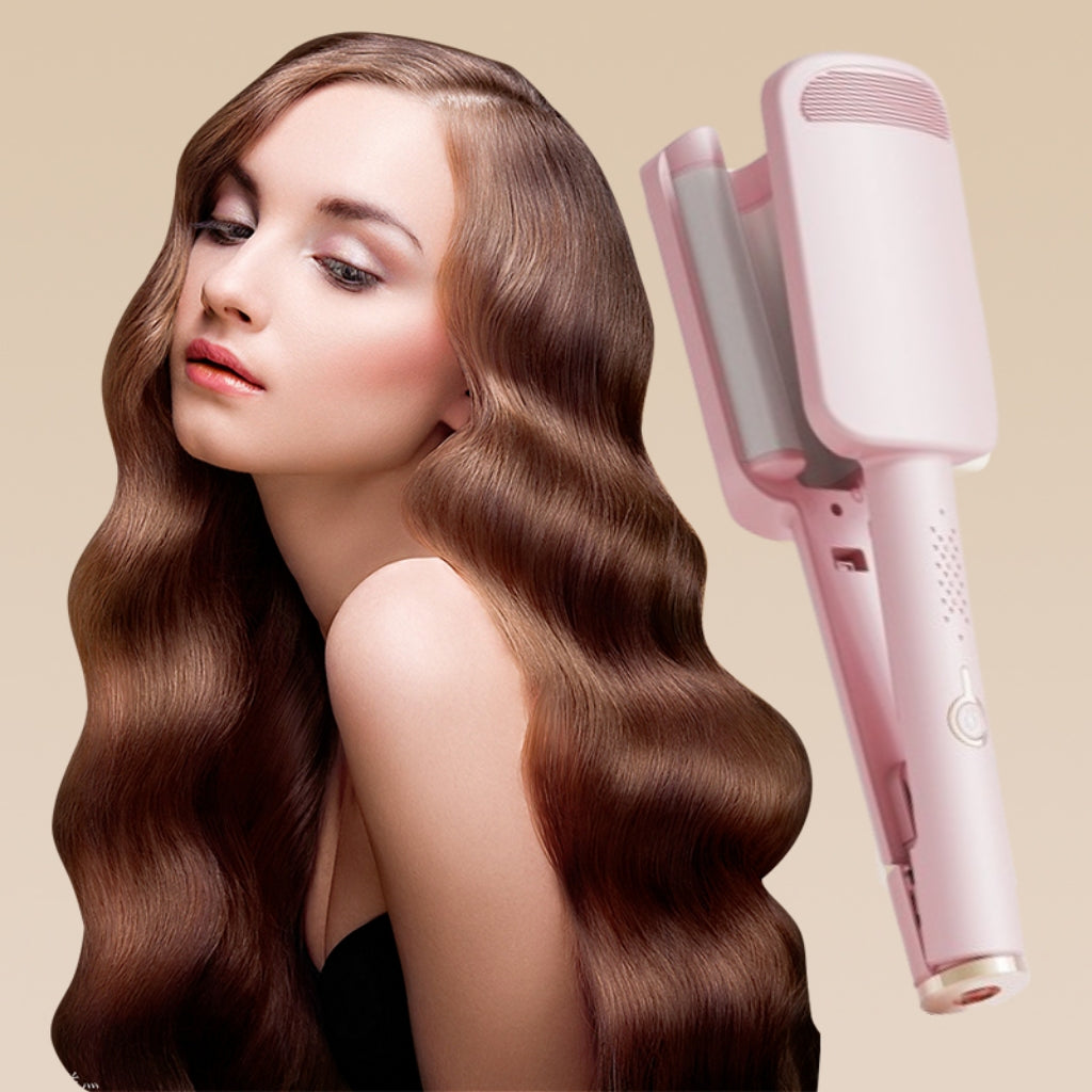 Model with long glossy styled waves next to the pink hair waver