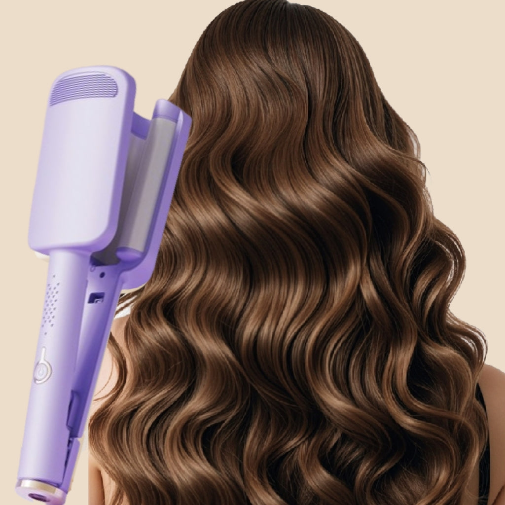 Long glossy brown hair styled into soft flowing S-waves with a purple hair waver