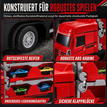 ⏳Begrenzte Zeit 50% Rabatt💥Spielzeug-Transformations-Lagerlastwagen für Kinder mit Soundeffekten und 207 cm langer, klappbarer Katapult-Rennstrecke sowie Mini-Legierungs-Baufahrzeugen