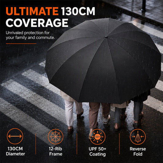 🔥50 % Rabatt🔥 Faltregenschirm Extra Groß Windfest – Trotzt jedem Sturm, maximaler Schutz! 🛡️ 130 cm XXL-Dach, 12 verstärkte Rippen, schnelltrocknend ⚡