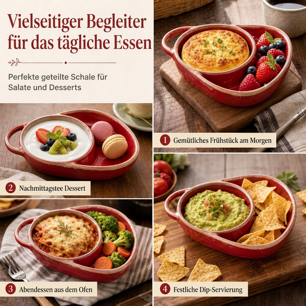 ⏳Zeitlich begrenztes Angebot⏳ Retro-Keramik-Auflaufform mit zwei Fächern und Griff – 20,5 × 17,5 × 5 cm, für Backen und Servieren