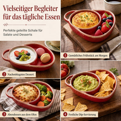 ⏳Zeitlich begrenztes Angebot⏳ Retro-Keramik-Auflaufform mit zwei Fächern und Griff – 20,5 × 17,5 × 5 cm, für Backen und Servieren